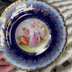 Antique,Victoria Carlsbad,Austria Porcelain Plate,red,cobalt blue,gold fringed.